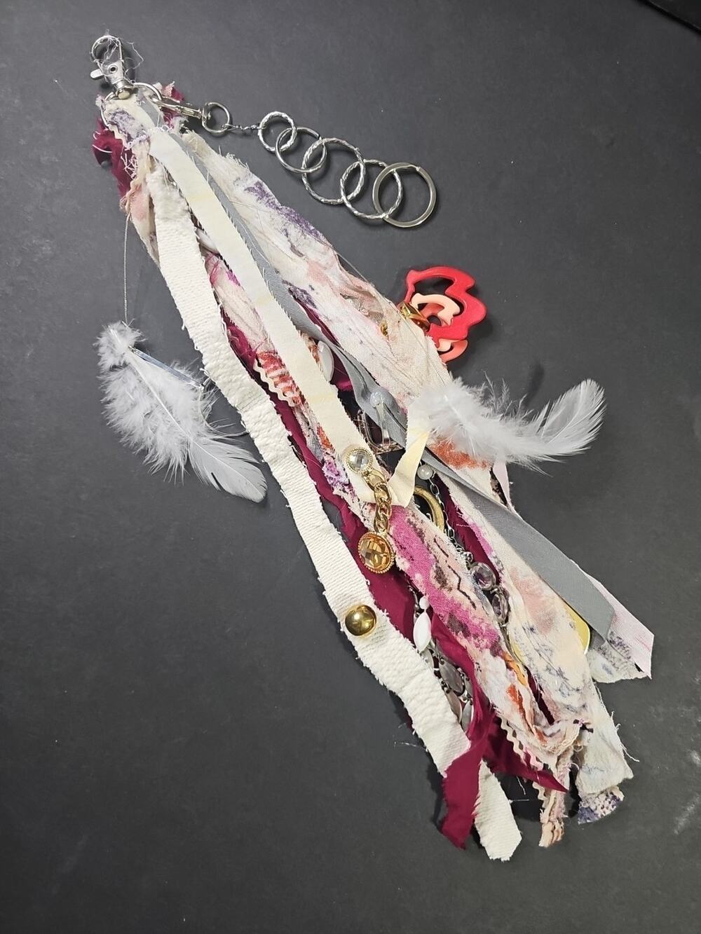 Purse Bag Charm Key Ring Keychain Shabby Bling Silver Tone Upcycled 14"